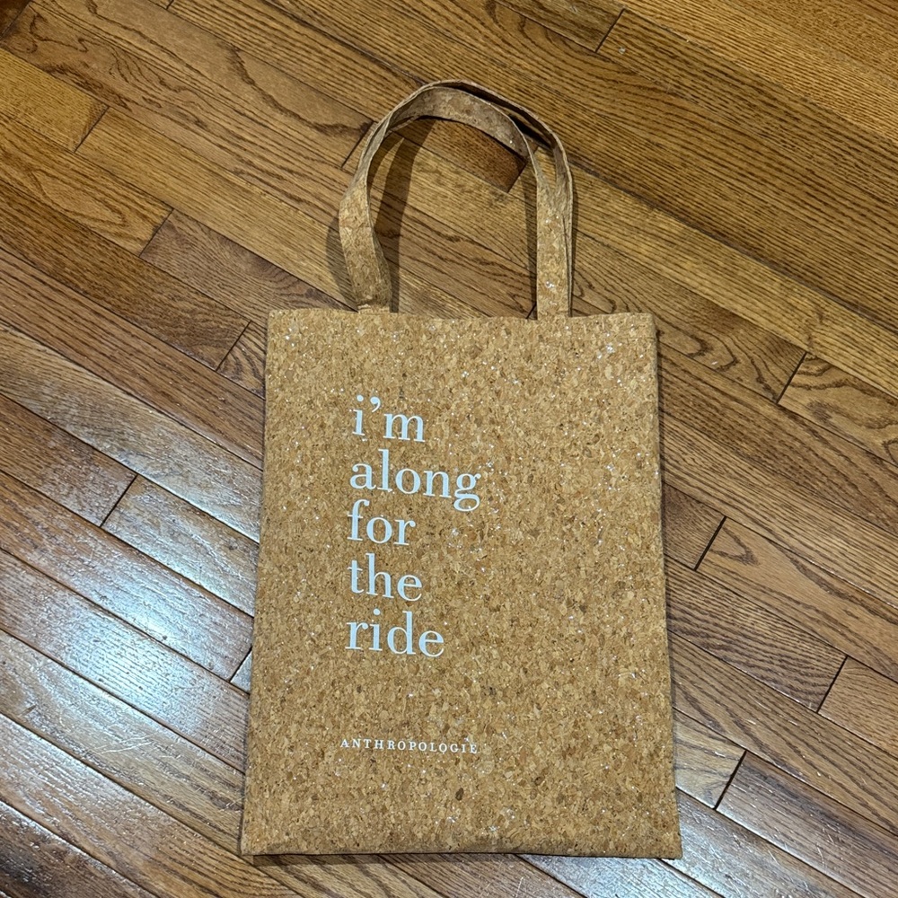 Anthropologie Natural Cork Glitter Tote with White Text